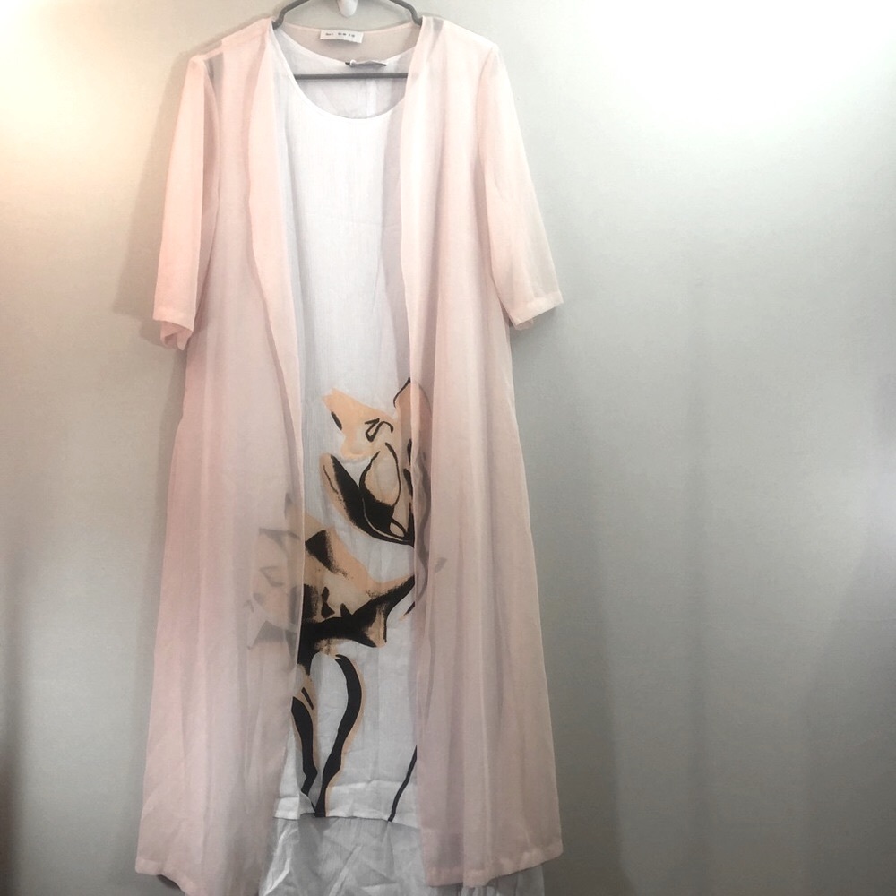 NWT Spring White floral dress w/pink sheer duster